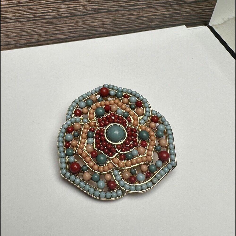 Premier Designs Flower Blue Red Brooch Pin Gold Tone Dual Use Pendant